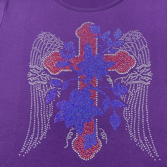 Croft & Barrow Women's T-Shirt L Angel Wings Rhinestones Purple Long Sleeve Pima - Picture 3 of 12